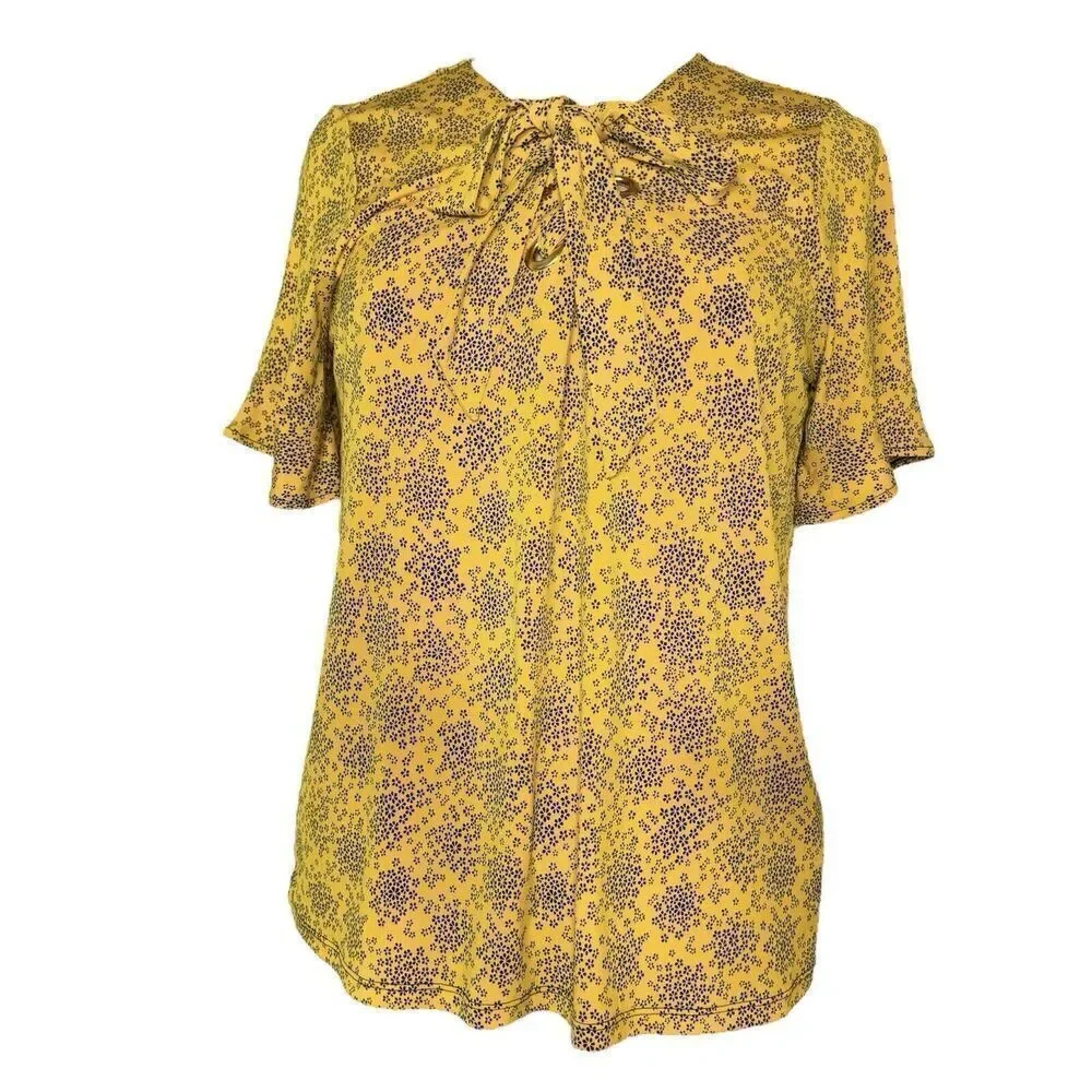 Michael Kors Sz M Floral Tie Flare Sleeve Popover Tunic Blouse Shirt Gold HW